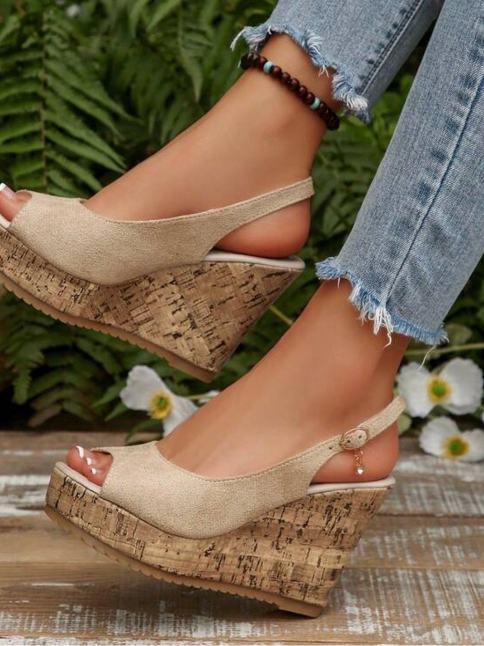 Women’s Beige Peep Toe Slingback Cork Look Platform Wedge Sandals 10in Heels